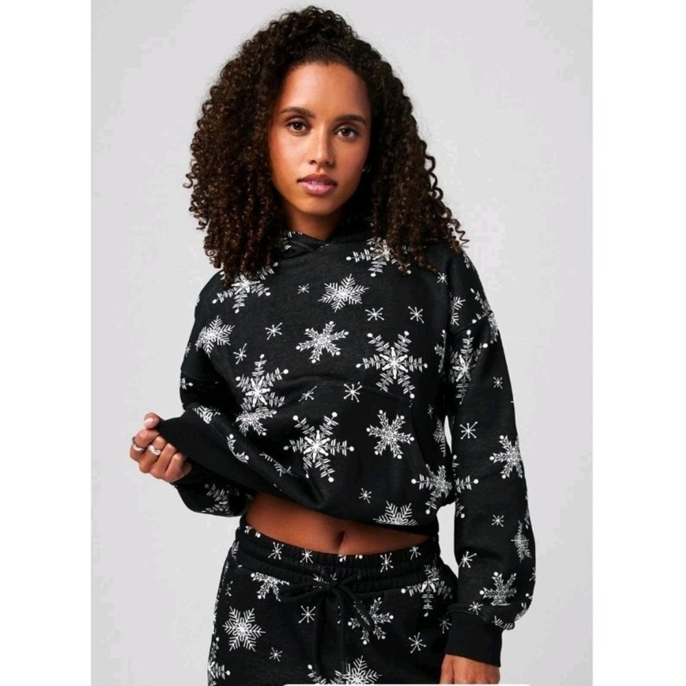 Fabletics Black White Snowflake Winter Lounge Cozy Fleece Hoodie Size Small‎